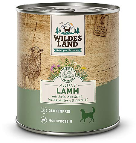 Wildes Land - Nassfutter für Hunde - Nr. 1 Lamm - 6 x 800 g - mit Reis, Zucchini, Wildkräutern & Distelöl - Glutenfrei - Extra viel Fleisch - Beste Akzeptanz und Verträglichkeit