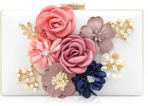 Milisente Damen Clutch Tasche Blumen Abendtasche Hochzeit Bag Elegante Handtasche (Weiß)
