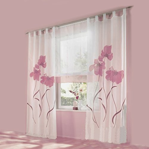 HongYa 1er-Pack Voile Gardine Transparenter Vorhang Schlaufenschal mit Florales Muster H/B 245/150 cm Rosa