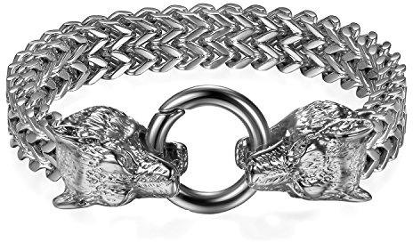 Flongo Herren Armband, Groß Edelstahl Armband Armreif Cuban Curb Gliederkette Francokette Armkette Wolf Kopf Fahrradkette Motorradkette Silber Gold Biker Männer Accessoires Herrenschmuck