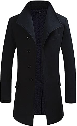 Allthemen Men's Trench Coat Stand Slim Fit Long Collar Casual Woolen Coat Winter Long Jacket Single Breasted Overcoat , Black, XL