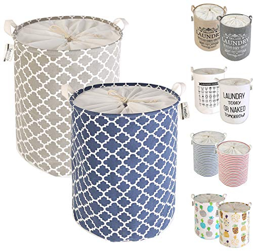 LessMo 2 piezas de 19.7 lazo de la cesta de lavadero de almacenamiento Clasificador, plegable Pop-Up de lavandería Cestas, impermeable redondo de algodón de lino (Gris/azulado Engrosada 19.7/Grande)