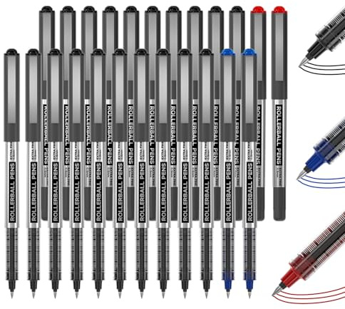 Shuttle Art Stylos Roller à Encre Liquide Noir, 25 Pack (21 Noir 2 Bleu 2 Rouge) Stylo à Encre Roller à Pointe Fine(0,5mm), Séchage Rapide Ecriture Fluide, Fournitures de Bureau et d'Ecole