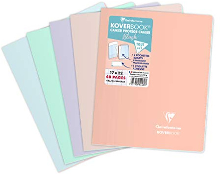 Clairefontaine 954481C Un Cahier Agrafé Koverbook Blush - 17x22 cm - 48 Pages Grands Carreaux - Papier Blanc 90 g - Couverture Polypro Opaque Couleur Aléatoire
