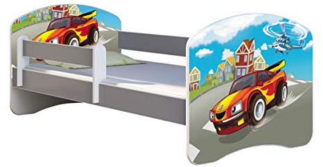 ACMA Kinderbett Jugendbett mit Einer Schublade und Matratze Grau mit Rausfallschutz Lattenrost II (03 Racing Car, 160x80)