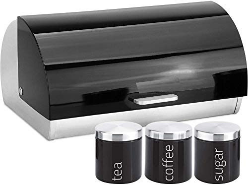 Almineez Metallic 4pc Kitchen Storage Set with Airtight Lids Includes Tea Coffee Sugar Canister Jar with Matching Stylish Roll Up Top Bread Bin (Onyx Black)