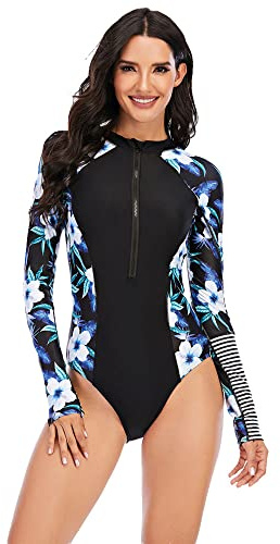 Beachkini Damen-Surfanzug, lässiger Langarm-Badeanzug mit Reißverschluss, Blau/Schwarz., S