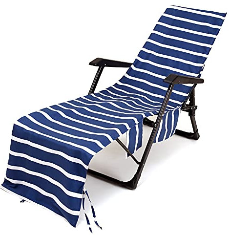 SHAIYOU Serviette De Plage,Portable Housse De Chaise Longue avec Poches Latérales,Microfibre Housse De Protection pour Chaise De Plage De Jardin pour Les Vacances,215 * 75CM (Navy Blue)