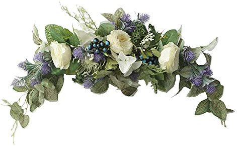 Mokyler 28.3 Inch Artificial Tea Rose Swag with Lavender and Eucalyptus Leaves, Spring Floral Swag for Front Door, Wedding Arch Flowers for Home Decor