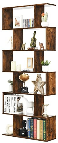 GOPLUS Bücherregal mit 6 Ebenen, Stufenregal aus Holz, Raumteiler Regal mit Kippschutz, Standregal Büroregal für Wohnzimmer, Büro, 80 x 23 x 191cm (Braun, 6 Ebenen)