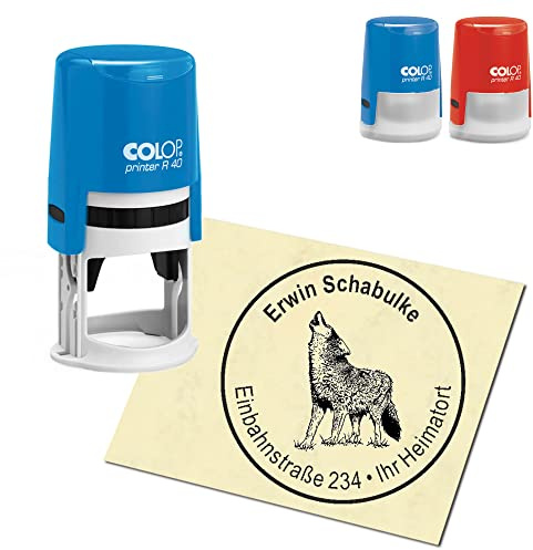 Stempel Adressstempel personalisiert - heulender Wolf - rund ∅ 40mm Automatikstempel als Firmenstempel Namensstempel Bürostempel