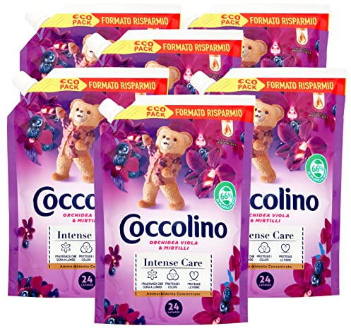 6x Coccolino Intense Care Ammorbidente Concentrato Profumo Orchidea Viola e Mirtilli 144 Lavaggi Totali - 6 Flaconi da 600 ml Ognuno