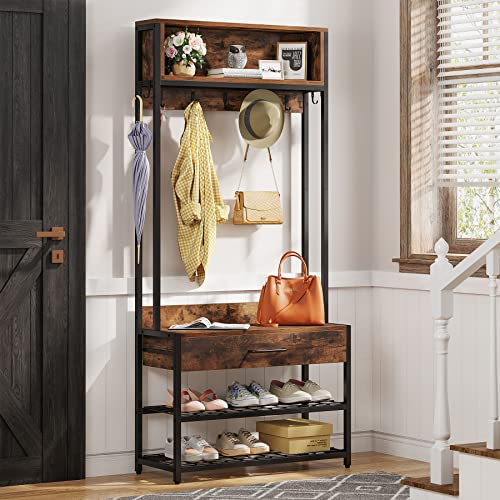 Tribesigns 3-in-1 Entryway Hall Tree with Drawer, Vintage Industrial Coat Rack with Shoe Bench and Hutch, Mudroom Bench with Shoe Storage Rack and 9 Hooks for Living Room Bedroom (Brown)