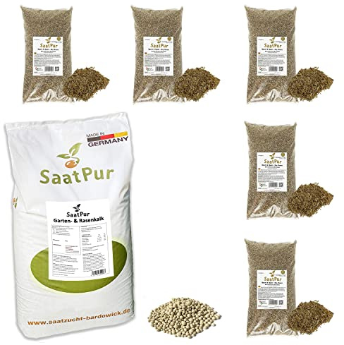 SaatPur® Set aus 20 kg Rasenkalk und 5 x 1kg Rasensamen Sport & Spiel Dürreresistent, Gartenkalk gegen Moos und saure Böden, Rasen für ca. 150 m², Mehrjähriger Gebrauchsrasen