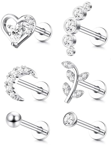 Diamday 6 Pezzi Di Orecchini A Lobo Knorpel con Filettatura Interna Cz A Forma Di Luna Cuore Foglia Per L'Elice Il Trago La Conchiglia Labret Monroe E Piercing Per Le Labbra