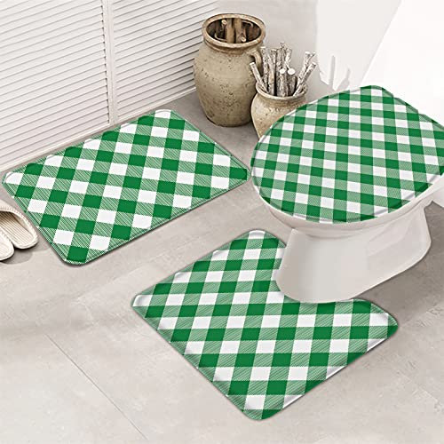 3 Teiliges Badteppich Set Karierter Dunkelgrüner Ländlicher Stil Anti-Rutsch Contour Badteppich Weiche Wc-Deckelbezug Badteppich