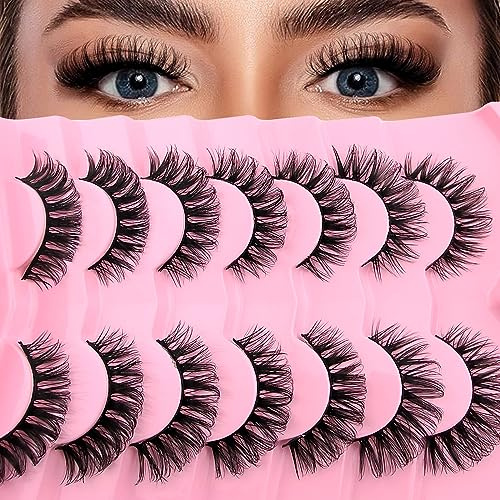 7 Paare 3D Künstliche Wimpern Russische Falsche Wimpern Natürlicher Look, Curly Cat Eye Lashes D Curl Falsche Wimpern mit Natürlichem Wispy-Volumen Katzenauge Wimpern(2D50)