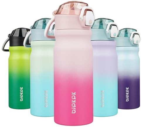 BJPKPK Bouteille d'eau avec paille – Bouteille d'eau isotherme réutilisable en acier inoxydable avec couvercle anti-fuite verrouillable et poignée de transport – 530 ml – Fleur de Cerisier