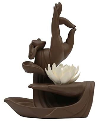Weihrauchbrenner Backflow Incense Burner Handmade Ceramic Lotus Buddha Hand Incense Cones Sticks Holder Waterfall Incense Censer for Home Office Yoga Meditions Decor Räucherstäbchenhalter Zen Dekor