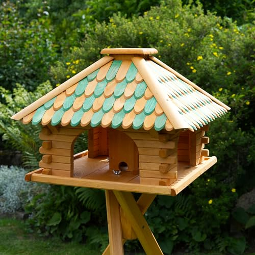 Deko-Shop-Hannusch Vogelhaus wahlweise mit Ständer und Solarbeleuchtung, Verschiedene Dachfarben (Vogelhaus, Dach Holzschindeln grün/braun)
