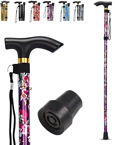 LZZAZ® Folding Walking Sticks for Women, Adjustable Height Folding Walking Sticks for Ladies, Aluminum Walking Stick & Disability Aids, (Purple Flowers)