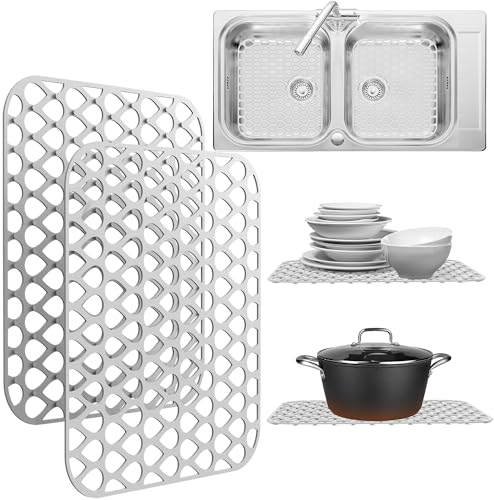 2 Pack Sink Protectors for Kitchen Sink, 13.4x11.4 Non-Slip Silicone Sink Mats Protect Your Stainless Steel Bottom of Kitchen Sink or Drying Rack, Eco-Friendly & Stain-Free Kitchen Sink Mat - White