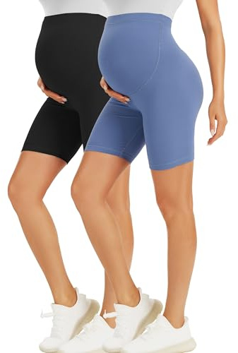 VALANDY Mammakläder shorts över bula moderskap tights magstöd moderskap kläder fjäril mjuka stretchiga justerbara graviditetsbyxor, 2-pack-svart/blå, S