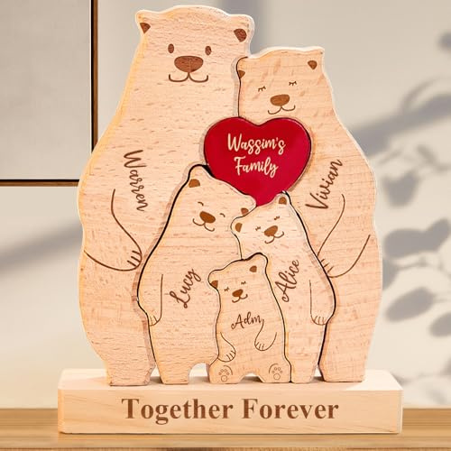 Personalisiertes Holzpuzzle der Bärenfamilie mit 2-7 Namen, Holz Bären Familien Skulpturen, Geschenke für Mama, Papa, Oma, Opa zum Muttertag Vatertag Weihnachten Adoptionstag Einweihungsgeschenke