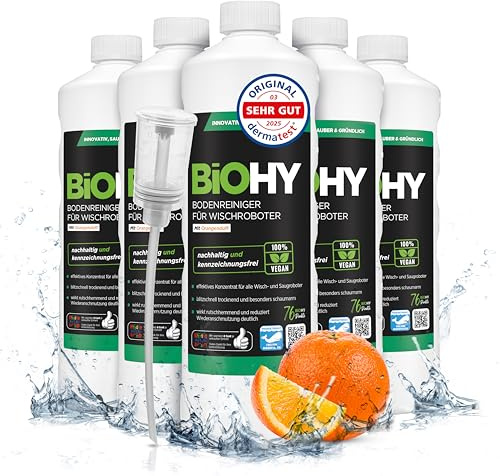 BiOHY Bodenreiniger für alle Wischroboter mit Orangenduft (6 x 1 Liter) + Dosierer | Schaumarm & Streifenfrei | Reinigungsmittel Konzentrat für alle Böden