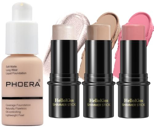 PHOERA Foundation, 3Pack Contour Stick Makeup Set, Farbtöne mit Highlighter-Stick, Rouge-Stick und Bronzer Contour (101+ Fair Contour/Porcelain+#01,#08,#13, 130.00 g (1er Pack))