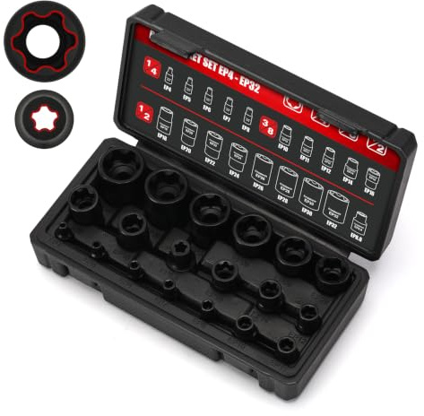 CASOMAN 19PCS External Torx Plus Socket Set, 6 Point EP4-EP32 with 1/2'', 3/8'' & 1/4'' Dr, 5 Point 1/2'' Dr. EP8.8 Compatible with Tesla, Cr-V Steel