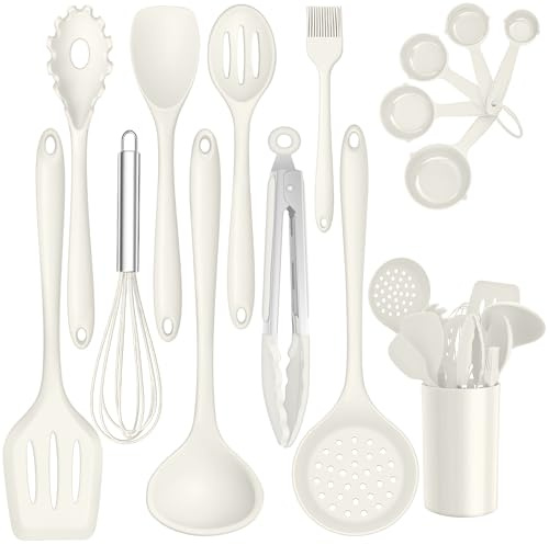 TEAMFAR Küchenhelfer Set, 15 Stück Silikon Küchenutensilien Kochutensilien mit Utensilienhalter, Hitzebeständiger Kochbesteck zum Kochen, Spülmaschinenfest, Weiß