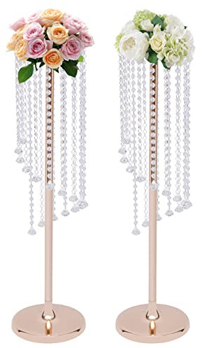2 Stück Blumenständer, Roségold Acrylkristall Blumenständer, Metall Vase, Hochzeiten Tafelaufsätze, Acryl Kristall Schnüren Blumenvasen für Verlobung/Jahrestag/Party/Zuhause, 89cm Hoch