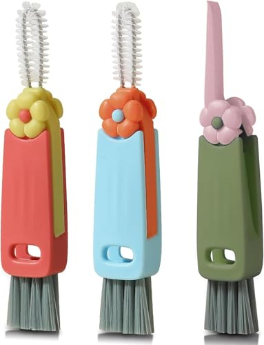 Yadiana 3 in 1 Cup Lid Cleaning Brush, Cute Crevice Cleaning Brush 3 Pcs Small Bottle Gap Cleaning Tools Brush Set for Tight Spaces, 3 in 1 Multifunctional Cleaning Brush Portable Cup Cleaner Brush