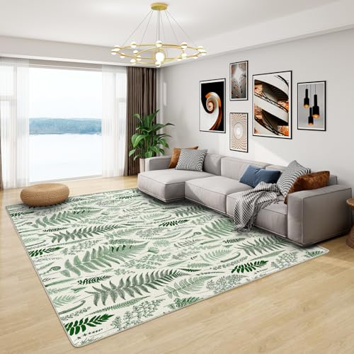 Green Botanical Washable Rug - Fern Plant Rug, Green Leaves Rugs for Living Room Bedroom, Washable Non Slip Soft Small Carpet, Patterned Area Rugs & Home Decor 40x60 cm