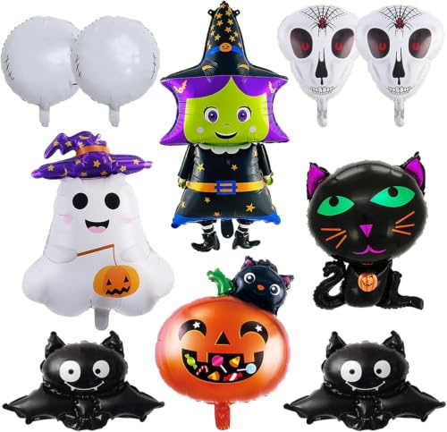 10 Stück Halloween-Folie-Ballon-Set mit Fledermaus, Kürbis, Katze, Geist, Vampir, Hexe, Halloween-Helium-Ballon-Party-Luftballons