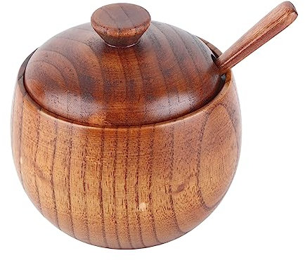 Cyrank Pot à épices en bois, sucrier avec couvercle et cuillère, pot d'assaisonnement, distributeur de sucre, récipient à condiments en bois pour sel, poivre, sucre