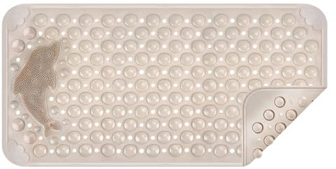 HMIEPRS Alfombrilla Baño Antideslizante, Alfombra Bañera para Masaje de Pies con Cepillo en Forma de Delfín y Ventosas, Alfombrillas de Ducha Antimoho para Bañera del Baño (35 * 70 cm, Caqui)