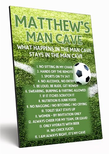 Personalised Man Cave Sign Wooden Funny A4 Wood Wall Art for Men Dad Grandad Uncle My Cave, My Rules MDF Custom Plaque (Football Corner)