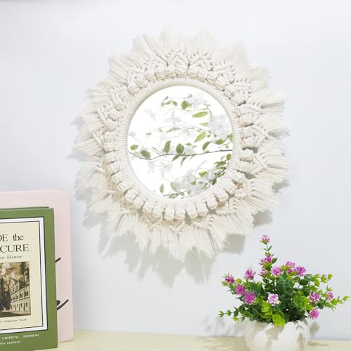 PLIGREAT DIY Makramee Spiegel Kit Weiß Boho Stil Makramee Hängender Spiegel für Schlafzimmer Wohnzimmer Wohnung Wandbehang Dekor Handgemachtes Handwerk für Anfänger Handgemachtes Kordelknoten Kit