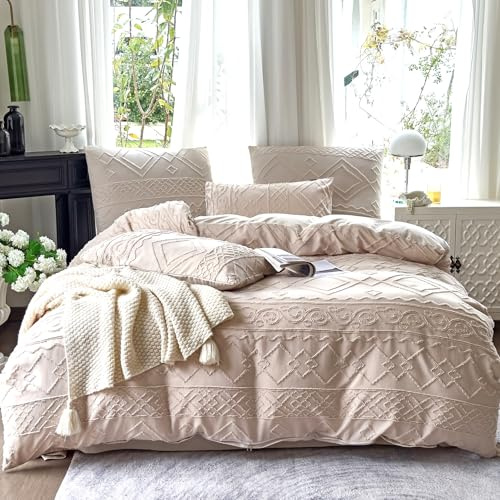 Amolavet Boho Bettwäsche 135x200 Beige Getuftet 2 teilig Set für Einzelbett Sommer Bettwäsche Weiche Mikrofaser Bügelfreie mit Reißverschluss Aesthetic Vintage Boho Deko Bettwaren