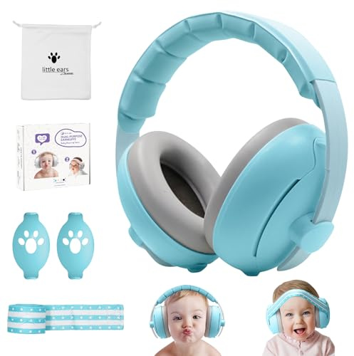 HyAdierTech 2 i 1 brusreducerande babyhörlurar, akustiska skydd för spädbarn, justerbara sovskyddshörlurar, justerbart pannband, perfekt för sömn, resor, fest, upp till 48 månader, Blå, Taglia unica