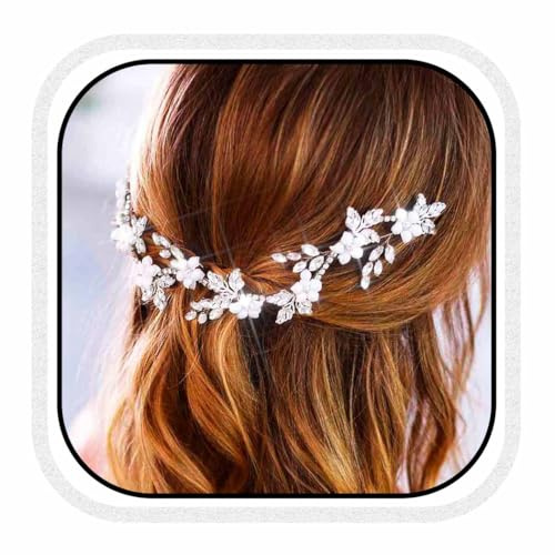 Unicra Kristall Hochzeit Haar Rebe Blume Braut Kopfstück Silber Kopfschmuck Strass Haarschmuck für Frauen und Mädchen (Silber, Freie Größe)