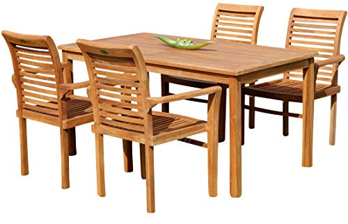 ALEOS. echt Teak Set Gartengarnitur Gartentisch 150x80 cm mit 4X Stapelsuhl Sessel stapelbar Holz Serie Alpen