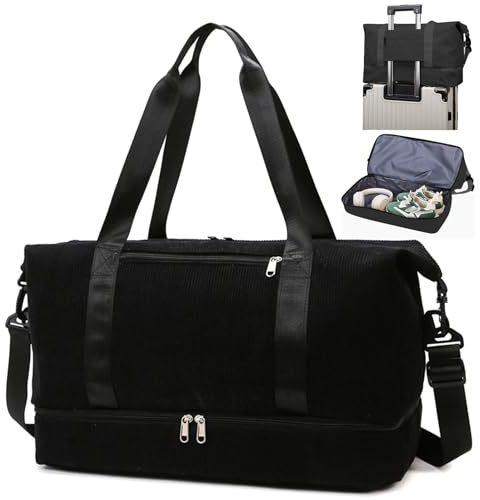 Sporttasche Reisetasche Damen, Handgepäck Tasche, Schwimmtasche mit Schuhfach und Nassfach, Cord Strandtasche Trainingstasche für Sport, Gym, Reisen, Strand (Schwarz)