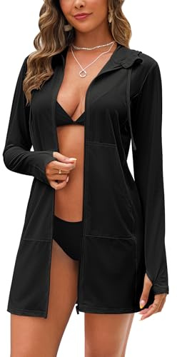Bsubseach Women's UPF 50+ Swim Cover Up Sun Protection Hoodie SPF Jacket Lightweight Zip Long Sleeve Swimsuit Beach Cover Ups Black L