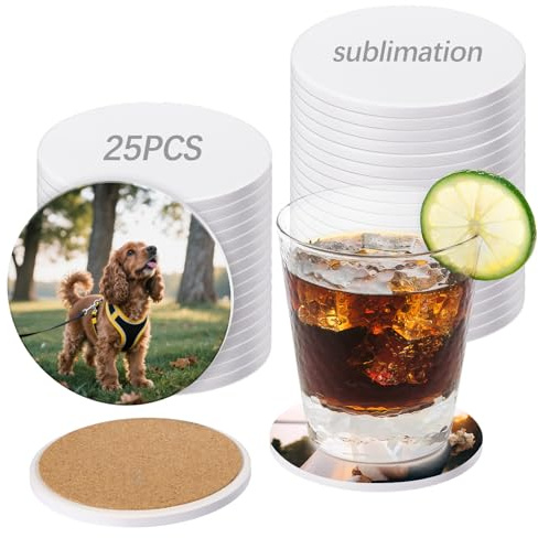 25 Pack Round Sublimation Blank Ceramic Coasters with Cork Backing, 4X4inch Matte Finish Blank Ceramic Tiles Crafts Coasters Pads for Sublimation Transfer Heat Press Printing DIY Crafts