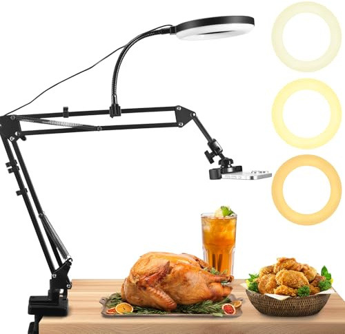 overhead tripod for phone with ring light, 360°Rotatable Adjustable overhead phone mount, desk phone holder for recording with 3 Light Colors+10 Brightnesse, for YouTube Live Stream Cooking Video