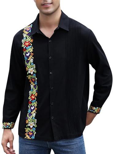 Vackutliv Mexican Shirts for Men Guayabera para Cinco De Mayo Fiesta Traditional Embroidered Collared Button Up Long Sleeve Hombre Camisas Dress Shirts Style Outfit Single Bloom Black