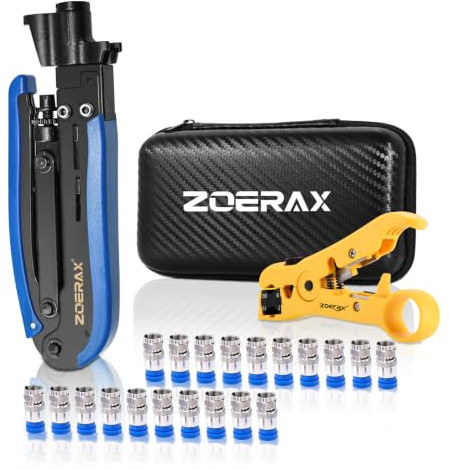 ZOERAX Kit de herramientas de crimpado de cable coaxial con pelacables y 20 conectores F – Herramienta de compresión coaxial para cables coaxiales RG6, RG59, RG11 para TV, Internet, instalaciones de